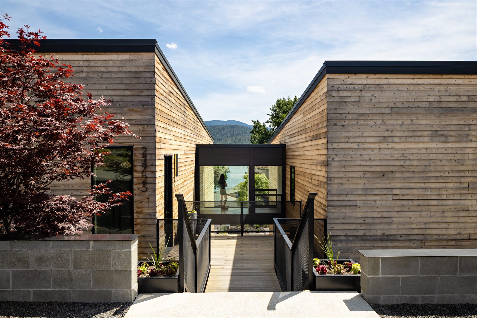Steel-and-glass entry bridge connecting two cedar volumes